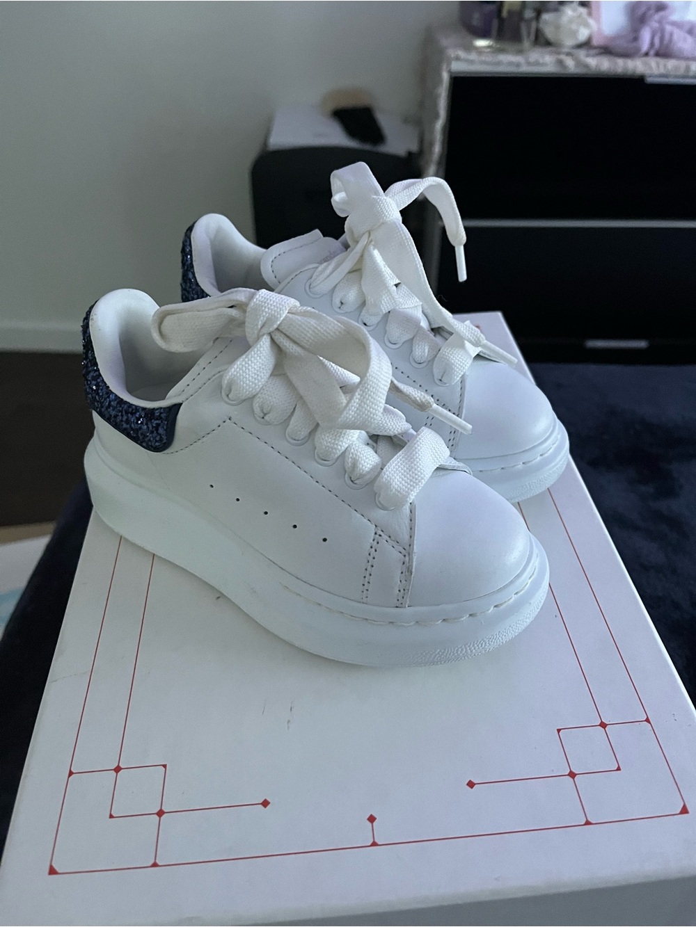 Alexander McQueen White Sneakers with Navy Glitter Heel